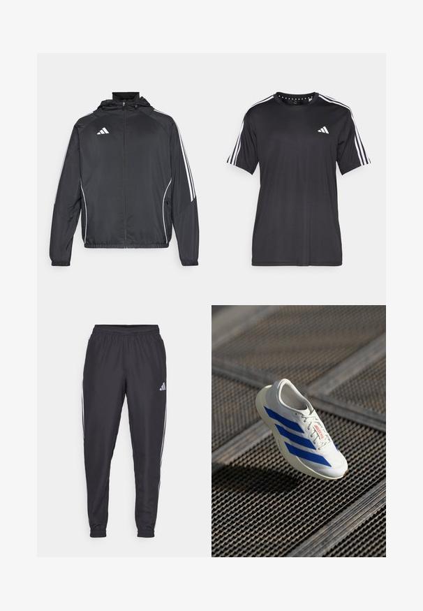 Sort atletisk jakke med hætte, med hvide striber langs ærmerne og lynlås foran. Lavet af et glat, let materiale.; Sort kortærmet t-shirt med hvidt tre-stribedesign på skuldrene og logo på brystet. Lavet af åndbart stof med en glat tekstur.; Svarte sportbukser med elastisk talje, med hvide striber langs siderne og et lille logo ved hoften. Glat tekstur.; Hvid atletisk sko med blå striber, letvægtsdesign, mesh-overdel, snørelukning og tekstureret gummisål, svævende over en gitteroverflade.
