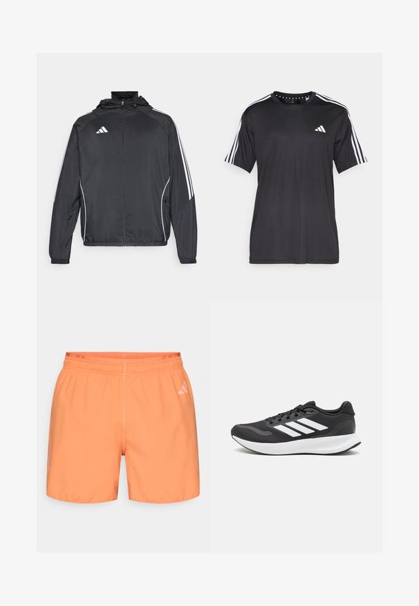 Zwarte sportjack met capuchon, voorzien van witte strepen langs de mouwen en een ritssluiting aan de voorkant. Gemaakt van een gladde, luchtige stof.; Zwarte t-shirt met korte mouwen, voorzien van een witte drie-strepen design op de schouders en een logo op de borst. Gemaakt van ademend materiaal met een zachte textuur.; Lichtoranje sportshorts met een elastische tailleband en een subtiel "RUNNING" label bovenaan. Heeft een gladde textuur en een afgesneden zoom.; Zwart sportief schoen met ademend mesh bovenwerk, witte accenten en een gevoerde zool. Beschikt over een logo met drie strepen aan de zijkant.