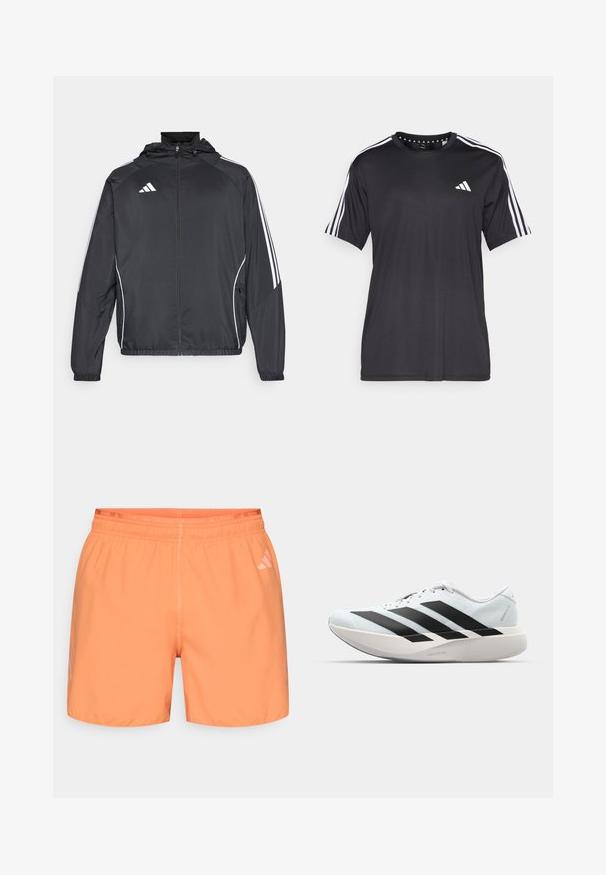 Black athletic jacket with a hood, featuring white stripes along the sleeves and a zippered front. Made from a smooth, lightweight fabric.; Black short-sleeve t-shirt with white three-stripe design on shoulders and logo on the chest. Made from breathable fabric, smooth texture.; Light orange athletic shorts with an elastic waistband and a subtle "RUNNING" label on top. Features a smooth texture and cut-off hem.; Lightweight running shoes in pale blue with black stripes. Features a smooth upper, round toe, and thick white midsole labeled "LIGHTSTRIKE PRO."