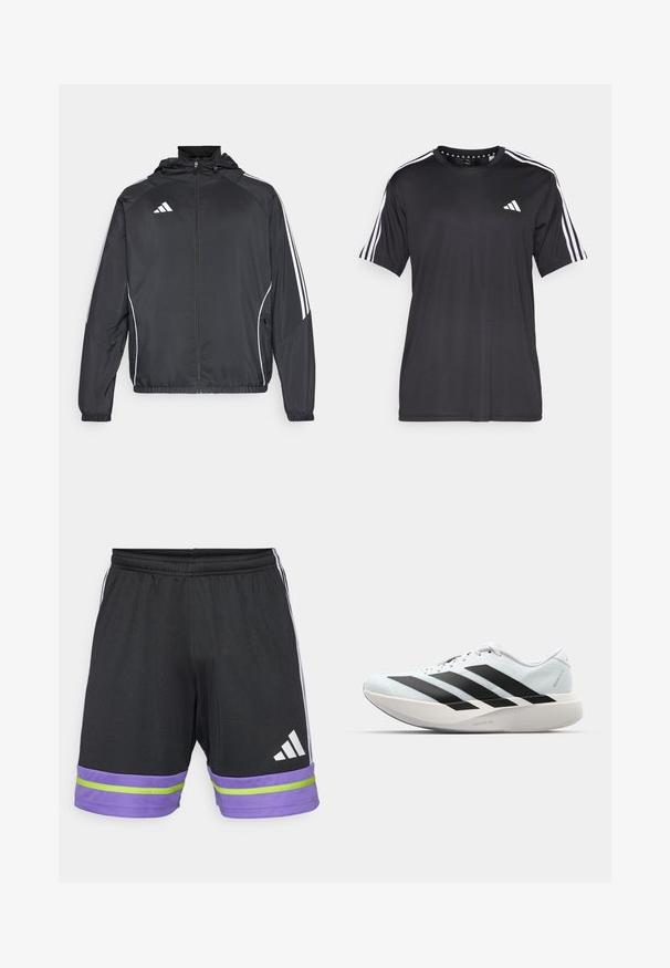 Must värvi sportlik jakk kapuutsiga, millel on valged triibud varrukatel ja lukuga esiosa. Valmistatud siledast, kergest kangast.; Mustaline lühikeste varrukatega t-särk musta värviga, millel on valge kolme triibu disain õlgadel ja logo rinnal. Valmistatud hingavast kangast, sile tekstuur.; Mustad mustris lühikesed püksid lilla ja rohelise triibuga servas, millel on elastne vöökoht ja valge Adidas logo.; Kerged jooksujalatsid helesinises värvuses mustade triipudega. Omavad siledat pealispinda, ümarat varvase osa ja paksu valget vahemõõtu, millel on silt "LIGHTSTRIKE PRO".