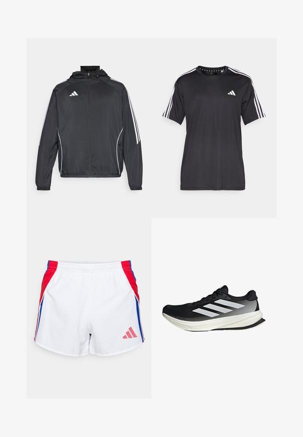 Chaqueta atlética negra con capucha, con rayas blancas a lo largo de las mangas y un cierre frontal con cremallera. Hecha de un tejido suave y ligero.; Camiseta negra de manga corta con diseño de tres franjas blancas en los hombros y logo en el pecho. Fabricada con un tejido transpirable y de textura suave.; Pantalones cortos deportivos blancos con paneles laterales rojos y azules, cinturilla elástica y logo de Adidas en rosa en la parte inferior delantera. Textura de tela suave.; Zapato deportivo negro con un diseño de malla, que presenta rayas blancas, una puntera redondeada y una suela texturizada para agarre y soporte.