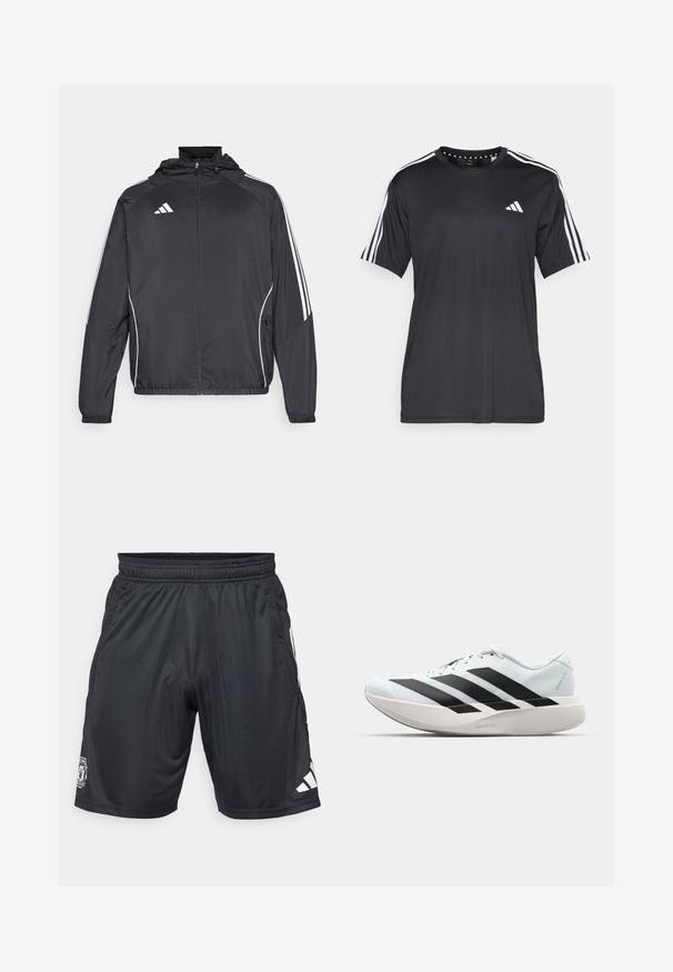 Must värvi sportlik jakk kapuutsiga, millel on valged triibud varrukatel ja lukuga esiosa. Valmistatud siledast, kergest kangast.; Mustaline lühikeste varrukatega t-särk musta värviga, millel on valge kolme triibu disain õlgadel ja logo rinnal. Valmistatud hingavast kangast, sile tekstuur.; Mustad mustrekad, mis on valmistatud kergest materjalist. Omab elastset vöökohta, küljetaskuid ja valget adidas logo alumises paremas nurgas.; Kerged jooksujalatsid helesinises värvuses mustade triipudega. Omavad siledat pealispinda, ümarat varvase osa ja paksu valget vahemõõtu, millel on silt "LIGHTSTRIKE PRO".