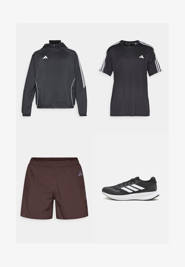 Black athletic jacket with a hood, featuring white stripes along the sleeves and a zippered front. Made from a smooth, lightweight fabric.; Black short-sleeve t-shirt with white three-stripe design on shoulders and logo on the chest. Made from breathable fabric, smooth texture.; Brown athletic shorts with an elastic waistband, featuring a reflective logo and a smooth, lightweight fabric. Graphic design on the sides.; Black athletic shoe with breathable mesh upper, white accents, and a cushioned sole. Features three stripes logo on the side.