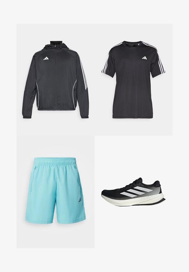 Giacca atletica nera con cappuccio, caratterizzata da strisce bianche lungo le maniche e chiusura con zip frontale. Realizzata in un tessuto liscio e leggero.; T-shirt nera a maniche corte con design a tre strisce bianche sulle spalle e logo sul petto. Realizzata in tessuto traspirante, con una texture liscia.; adidas Performance TR-ES WV SHO - Pantaloncini sportivi - mint ton/black; Scarpa sportiva nera con design in rete, caratterizzata da strisce bianche, punta arrotondata e suola testurizzata per aderenza e supporto.