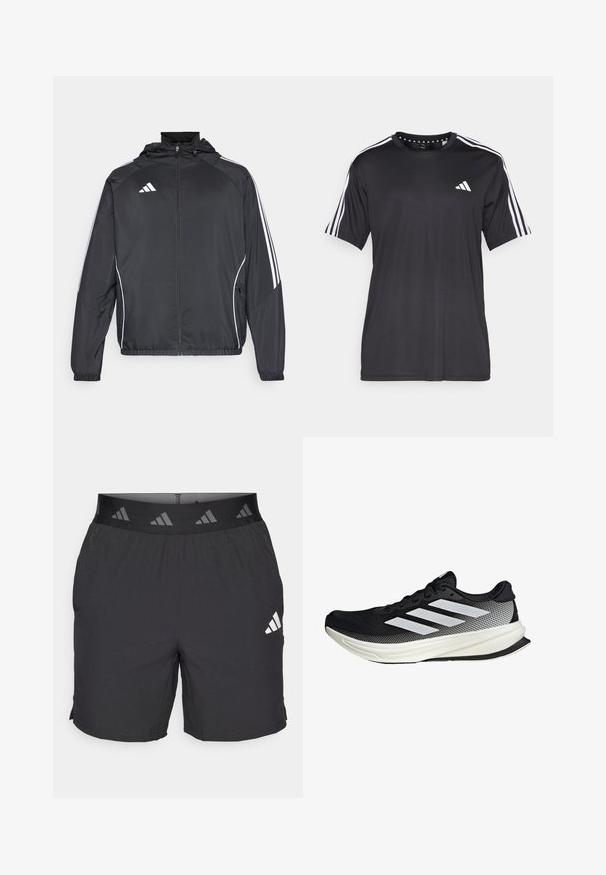 Giacca atletica nera con cappuccio, caratterizzata da strisce bianche lungo le maniche e chiusura con zip frontale. Realizzata in un tessuto liscio e leggero.; T-shirt nera a maniche corte con design a tre strisce bianche sulle spalle e logo sul petto. Realizzata in tessuto traspirante, con una texture liscia.; Shorts sportivi neri realizzati in tessuto leggero. Presentano una cintura elastica con un logo a motivi e un piccolo logo bianco sul lato sinistro.; Scarpa sportiva nera con design in rete, caratterizzata da strisce bianche, punta arrotondata e suola testurizzata per aderenza e supporto.