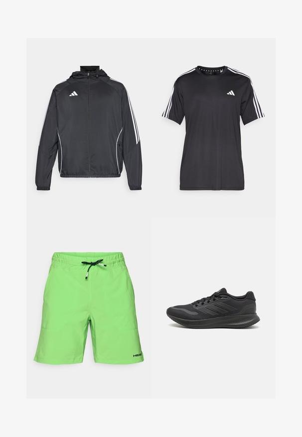 Melnā sporta jaka ar kapuci, ar baltām svītrām pa piedurknēm un ar rāvējslēdzēju priekšpusē. Izgatavota no gludas, vieglas auduma.; Melna īsām piedurknēm t-krekls ar baltu trīs svītru dizainu uz pleciem un logotipu uz krūškurvja. Izgatavots no elpojoša auduma, gluda tekstūra.; Gaiši zaļi šorti ar elastīgu jostu, regulējamu melnu auklu un logo akcentu. Gluda tekstūra ar sānu kabatām.; Melni sporta apavi ar sietveida augšdaļu, gludām tekstila akcentiem, apaļu purngalu, plakanu šņorējumu un teksturētu gumijas zoli labākai saķerei.
