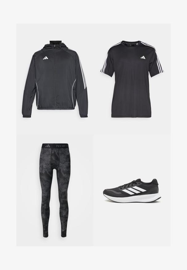 Must värvi sportlik jakk kapuutsiga, millel on valged triibud varrukatel ja lukuga esiosa. Valmistatud siledast, kergest kangast.; Mustaline lühikeste varrukatega t-särk musta värviga, millel on valge kolme triibu disain õlgadel ja logo rinnal. Valmistatud hingavast kangast, sile tekstuur.; adidas Performance TECHFIT - Retuusid - black; Mustmust valmistatud õhulise võrgu ülemise osa, valgete aktsentidega ja pehme tallaga must sportlik king. Küljel on kolm triipu kujutav logo.