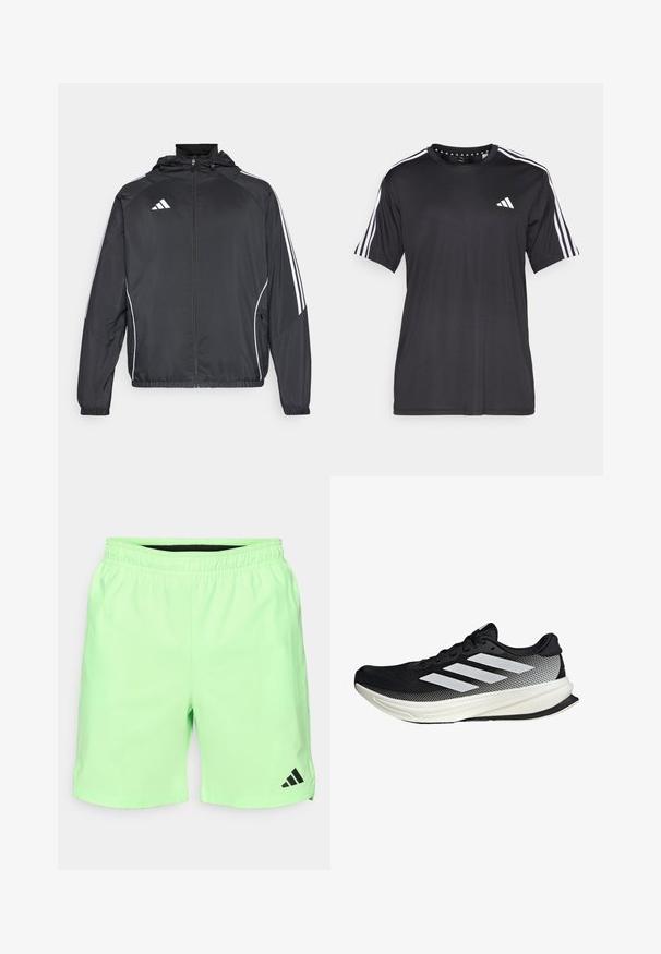 Zwarte sportjack met capuchon, voorzien van witte strepen langs de mouwen en een ritssluiting aan de voorkant. Gemaakt van een gladde, luchtige stof.; Zwarte t-shirt met korte mouwen, voorzien van een witte drie-strepen design op de schouders en een logo op de borst. Gemaakt van ademend materiaal met een zachte textuur.; Lichtgroene sportshorts met een elastische tailleband, zijzakken en een zwart Adidas-logo aan de linkeronderkant. Glad, lichtgewicht materiaal.; Zwarte sportieve schoen met een mesh ontwerp, voorzien van witte strepen, een ronde neus en een gestructureerde zool voor grip en ondersteuning.