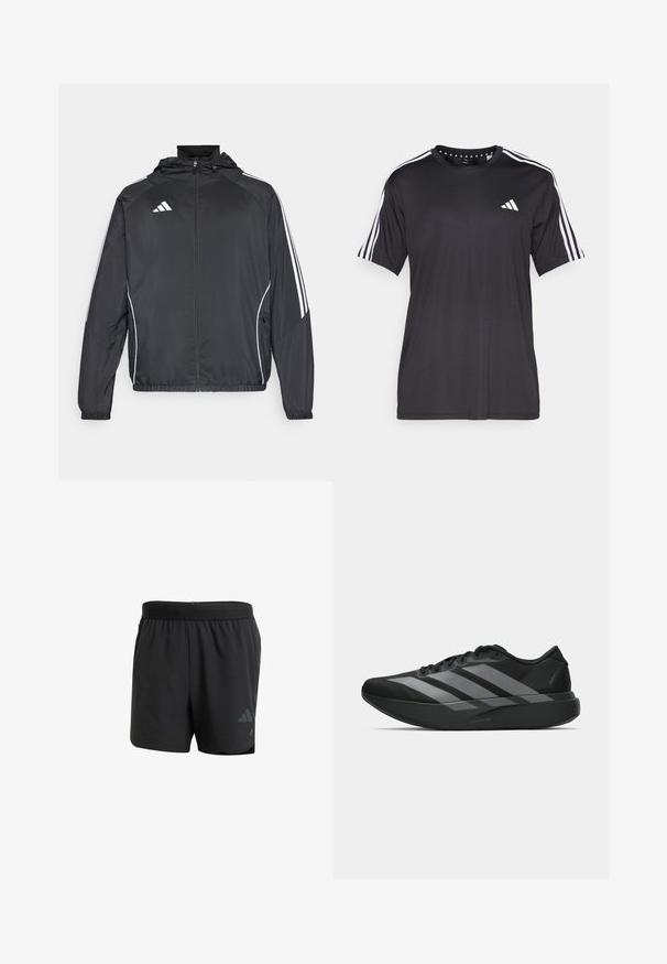 Chaqueta atlética negra con capucha, con rayas blancas a lo largo de las mangas y un cierre frontal con cremallera. Hecha de un tejido suave y ligero.; Camiseta negra de manga corta con diseño de tres franjas blancas en los hombros y logo en el pecho. Fabricada con un tejido transpirable y de textura suave.; Pantalones cortos deportivos negros con cintura elástica, tejido ligero, bolsillos laterales y un logo reflectante en la parte inferior izquierda.; Zapatillas deportivas negras con un diseño ligero, que presentan tres franjas grises prominentes, una textura suave y una suela contorneada.