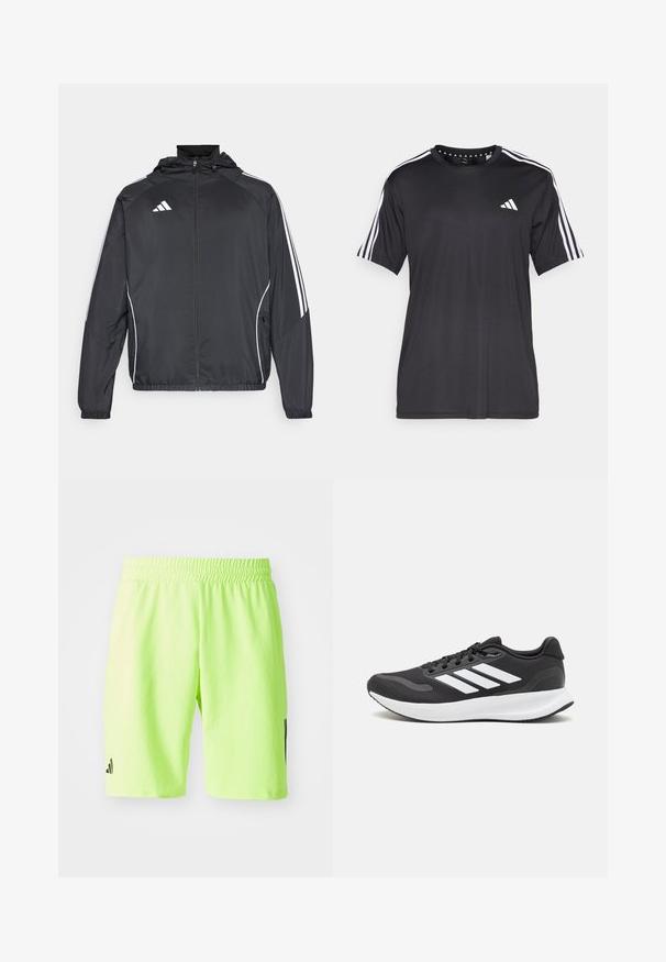 Melnā sporta jaka ar kapuci, ar baltām svītrām pa piedurknēm un ar rāvējslēdzēju priekšpusē. Izgatavota no gludas, vieglas auduma.; Melna īsām piedurknēm t-krekls ar baltu trīs svītru dizainu uz pleciem un logotipu uz krūškurvja. Izgatavots no elpojoša auduma, gluda tekstūra.; Neon zaļas sporta šorts, kas izgatavoti no viegla auduma. Elastīga jostasvieta ērtībai. Kreisajā kājā ir melns logo akcents.; Melnas sporta kurpes ar elpojošu acs augšu, baltām akcentiem un mīkstu zoli. Sānā ir trīs svītru logo.