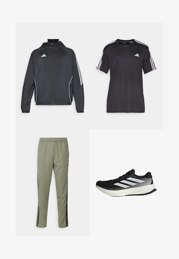 Schwarze Sportjacke mit Kapuze, ausgestattet mit weißen Streifen an den Ärmeln und einem Reißverschluss vorne. Hergestellt aus einem glatten, leichten Stoff.; Schwarzes T-Shirt mit kurzen Ärmeln und weißem Dreistrichdesign an den Schultern sowie Logo auf der Brust. Hergestellt aus atmungsaktivem Stoff, glatte Textur.; adidas Performance TRAIN ESSENTIALS 3-STRIPES - Jogginghose - silver pebble/black; Schwarzer Sportschuh mit einem Mesh-Design, ausgestattet mit weißen Streifen, einer runden Zehenpartie und einer strukturierten Sohle für Grip und Unterstützung.