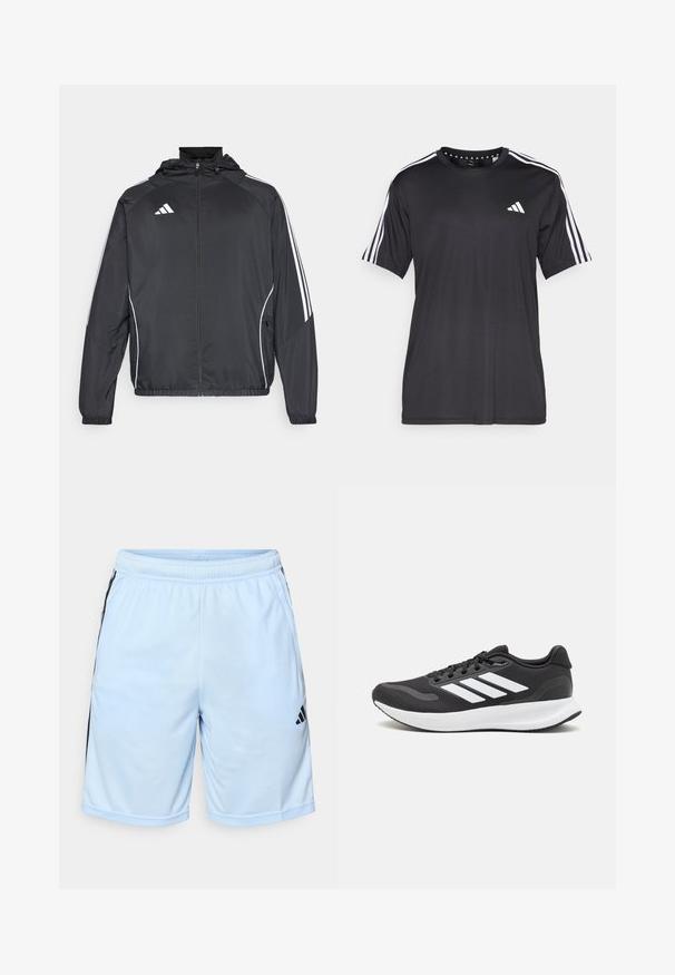 Crna atletska jakna s kapuljačom, s bijelim prugama duž rukava i zatvaranjem na zip. Izrađena od glatkog, laganog materijala.; Crna majica kratkih rukava s bijelim trostrukim dizajnom na ramenima i logotipom na prsima. Izrađena od prozračnog materijala, glatke teksture.; adidas Performance Sportske kratke hlače - glow blue/black; Crne atletske tenisice s prozračnom mrežicom na gornjem dijelu, bijelim akcentima i mekanim potplatom. Imaju logo s tri pruge sa strane.