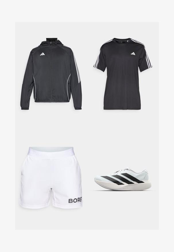 Crna atletska jakna s kapuljačom, s bijelim prugama duž rukava i zatvaranjem na zip. Izrađena od glatkog, laganog materijala.; Crna majica kratkih rukava s bijelim trostrukim dizajnom na ramenima i logotipom na prsima. Izrađena od prozračnog materijala, glatke teksture.; Bijele atletske šortse sa glatkom teksturom, s širokim elastičnim pojasom i crnim logotipom na donjoj desnoj strani.; Lagane tenisice za trčanje u svijetloplavoj boji s crnim trakama. Imaju glatku gornju površinu, okrugli vrh i debeli bijeli srednji sloj označen "LIGHTSTRIKE PRO."