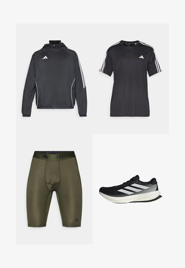 Čierna športová bunda s kapucňou, ktorá má biele pruhy pozdĺž rukávov a zips v prednej časti. Vyrobená z hladkej, ľahkej tkaniny.; Čierne tričko s krátkym rukávom s bielym trojprúžkom na pleciach a logom na hrudi. Vyrobené z priedušného materiálu, hladká textura.; Olivové kompresné šortky s čiernym pásom TECHFIT, s hladkou textúrou, priliehavým strihom a jemným detailom švov.; Čierna atletická topánka s dizajnom z mriežky, s bielymi prúžkami, zaoblenou špičkou a textúrovanou podrážkou pre lepšiu priľnavosť a podporu.