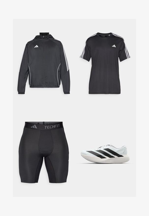 Veste de sport noire avec capuche, présentant des bandes blanches le long des manches et un devant zippé. Fabriquée en tissu léger et lisse.; T-shirt noir à manches courtes avec un design à trois bandes blanches sur les épaules et un logo sur la poitrine. Fabriqué en tissu respirant, texture lisse.; Shorts de sport noirs en tissu lisse et extensible. Dotés d'une taille large avec logo et de coutures plates pour le confort et la durabilité.; Baskets de course légères en bleu pâle avec des rayures noires. Elles présentent un dessus lisse, un embout rond et une semelle intermédiaire blanche épaisse étiquetée "LIGHTSTRIKE PRO".