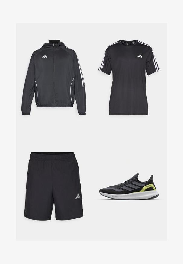 Must värvi sportlik jakk kapuutsiga, millel on valged triibud varrukatel ja lukuga esiosa. Valmistatud siledast, kergest kangast.; Mustaline lühikeste varrukatega t-särk musta värviga, millel on valge kolme triibu disain õlgadel ja logo rinnal. Valmistatud hingavast kangast, sile tekstuur.; Mustad mustrena shortsid, elastse vöökoha, külgmiste lukuga taskute, heledate hallide triipudega ning Adidas'i logoga vasakul jalal.; Must rõnged jooksukingad hallide aktsentidega, võrkkattega ja valge vaheosaga. Omadused hõlmavad "Lightboost" brändi ning roheline detail kanna peal.