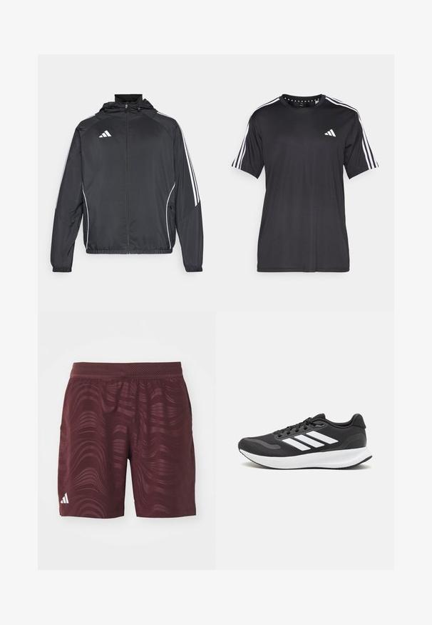 Chaqueta atlética negra con capucha, con rayas blancas a lo largo de las mangas y un cierre frontal con cremallera. Hecha de un tejido suave y ligero.; Camiseta negra de manga corta con diseño de tres franjas blancas en los hombros y logo en el pecho. Fabricada con un tejido transpirable y de textura suave.; Pantalones cortos deportivos en color burdeos con un patrón ondulado, cinturilla elástica, bolsillos laterales y un logo blanco de Adidas en la parte inferior izquierda.; Zapatilla deportiva negra con parte superior de malla transpirable, acentos en blanco y una suela acolchada. Presenta el logo de tres rayas en el costado.