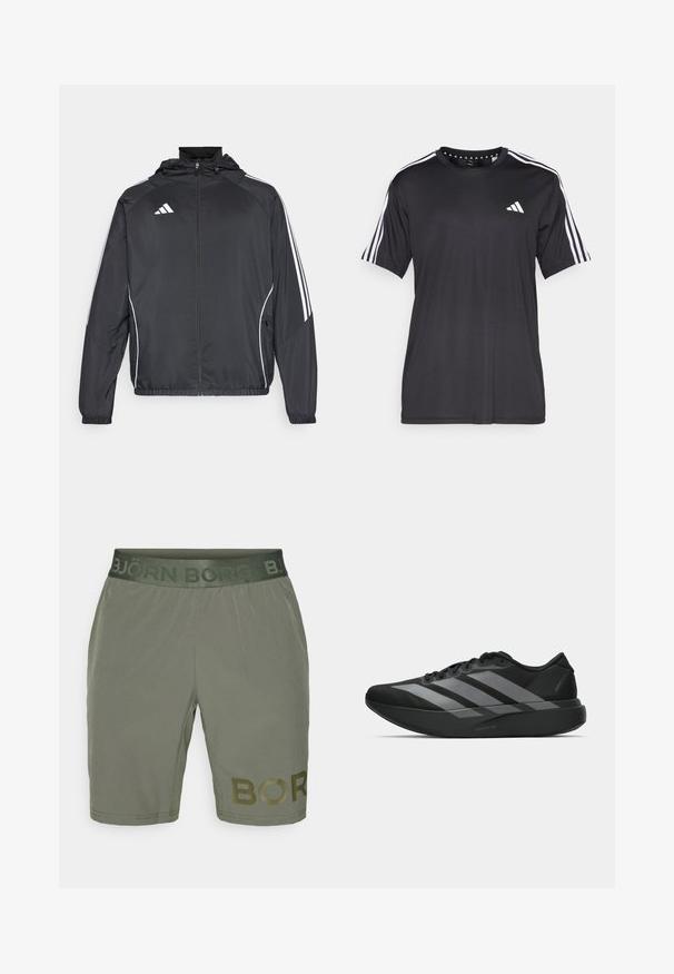 Chaqueta atlética negra con capucha, con rayas blancas a lo largo de las mangas y un cierre frontal con cremallera. Hecha de un tejido suave y ligero.; Camiseta negra de manga corta con diseño de tres franjas blancas en los hombros y logo en el pecho. Fabricada con un tejido transpirable y de textura suave.; Pantalones cortos deportivos de color verde oliva con cintura elástica, con el texto "BJÖRN BORG" en relieve y un gran logo "BORG" reforzado en el lateral.; Zapatillas deportivas negras con un diseño ligero, que presentan tres franjas grises prominentes, una textura suave y una suela contorneada.