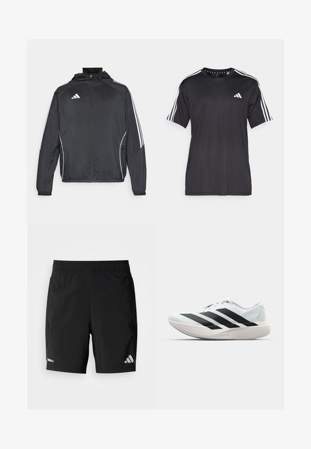 Svart idrottsjacka med huva, med vita ränder längs ärmarna och dragkedja framtill. Tillverkad av ett mjukt, lätt material.; Svart t-shirt med kort ärm och vit tre-stripes design på axlarna samt logotyp på bröstet. Tillverkad av andningsbart tyg med slät textur.; Svarta atletshorts av lätt material med resår i midjan, fickor i sidan och en reflekterande logotyp på ena benet.; Lätta löparskor i ljusblått med svarta ränder. Har en slät ovandel, rund tå och tjock vit mellansula märkt "LIGHTSTRIKE PRO."