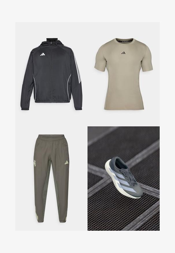 Črna športna jakna s kapuco, z belimi črtami ob rokavih in z zadrgo spredaj. Narejena iz gladkega, lahkega materiala.; Prilegajoča kratka športna majica v svetli bež barvi, izdelana iz gladkega, raztegljivega materiala. Ima črni logo na prsih in okroglo ovratnico.; Sive atletske hlače z elastičnim pasom, z teksturirano površino in kontrastnimi zelenimi stranskimi akcenti. Vsebujejo detajl z logotipom.; Športna obutev v sivi in beli barvi, izdelana iz sintetičnega materiala, z aerodinamičnim dizajnom, teksturirano površino in izrazitim sistemom vezalk.