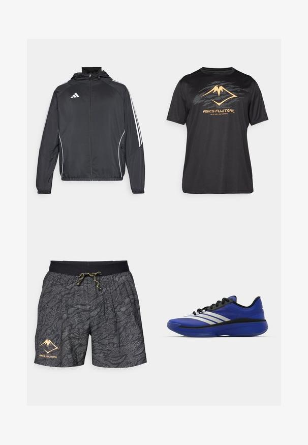 Zwarte sportjack met capuchon, voorzien van witte strepen langs de mouwen en een ritssluiting aan de voorkant. Gemaakt van een gladde, luchtige stof.; ASICS FUJITRAIL LOGO TOP - Sport T-shirt - performance black; Zwarte shorts met een gestructureerd patroon van grijze golven en stippenaccenten. De shorts hebben een zwarte elastische tailleband met een gele trekkoord en logo.; adidas Performance ADIZERO SELECT 3.0 - Basketbalschoenen - lucid blue/core black/metallic