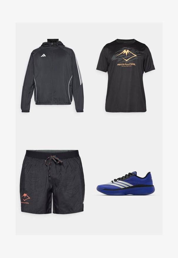 Must värvi sportlik jakk kapuutsiga, millel on valged triibud varrukatel ja lukuga esiosa. Valmistatud siledast, kergest kangast.; ASICS FUJITRAIL LOGO TOP - Spordi T-särk - performance black; Must-have musta spordilühikesed, mis on valmistatud kerge, tekstuuriga kangast. Omaduseks on elastne vöökoht, millel on mitmevärviline nöör ja peened mustrid.; adidas Performance ADIZERO SELECT 3.0 - Korvpallijalatsid - lucid blue/core black/metallic