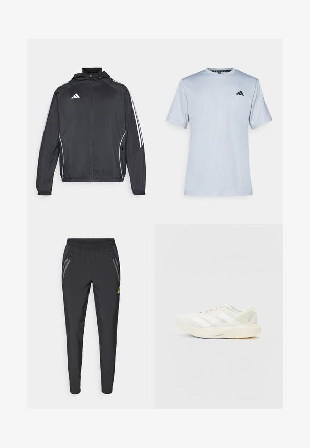 Černá sportovní bunda s kapucí, s bílými pruhy podél rukávů a s předním zipem. Vyrobena z hladkého, lehkého materiálu.; adidas Performance Sportovní tričko - halo silver-coloured/black; adidas Performance REAL MADRID TIRO25 PRO VIS TECH TRAVEL PANT - Klubové oblečení - black/lucid lemon; Bílé sportovní tenisky s upperem z prodyšné síťoviny, s třemi bílými pruhy, zaoblenou špičkou a světlou podrážkou označenou "LIGHTSTRIKE PRO."