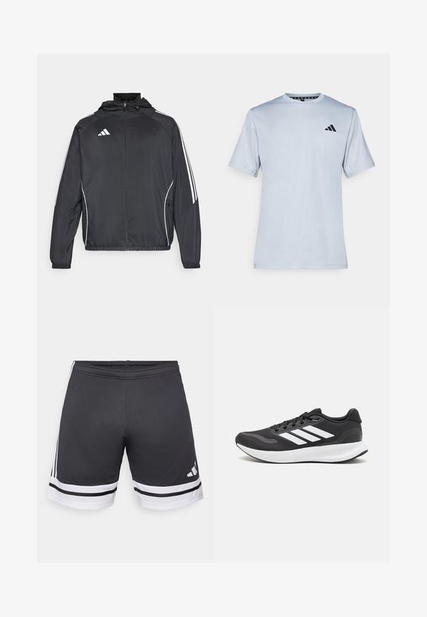 Črna športna jakna s kapuco, z belimi črtami ob rokavih in z zadrgo spredaj. Narejena iz gladkega, lahkega materiala.; adidas Performance Športne majice - halo silver-coloured/black; Črne športne hlače iz gladkega materiala. Značilne bele črte na robu in ob straneh. Elastičen pas za udobje. Logotip na spodnjem delu.; Črne športne čevlje z zračnim mrežastim zgornjim delom, belimi akcenti in oblazinjeno podplatom. Imajo tri črte logo na strani.
