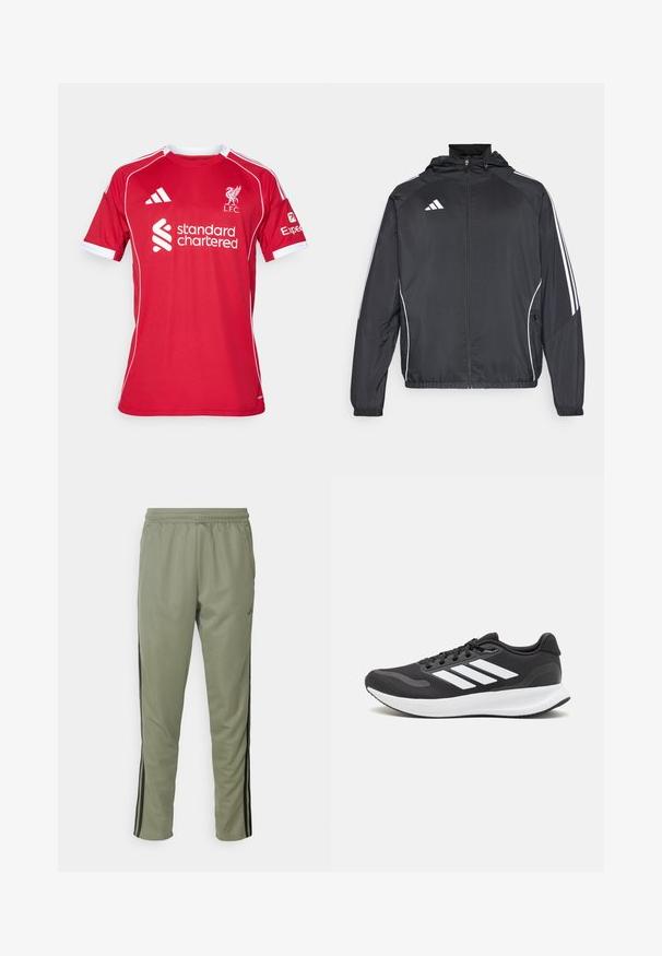 Čierna športová bunda s kapucňou, ktorá má biele pruhy pozdĺž rukávov a zips v prednej časti. Vyrobená z hladkej, ľahkej tkaniny.; Červený futbalový dres s krátkym rukávom vyrobený z polyesteru, obsahuje biele akcenty, okrúhly výstrih a logá L.F.C. a Standard Chartered.; adidas Performance TRAIN ESSENTIALS 3-STRIPES - Tepláky - silver pebble/black; Čierna športová obuv s priedušným sieťovaným zvrškom, bielymi akcentmi a polstrovanou podrážkou. Na bočnej strane sa nachádza logo so tromi pruhmi.