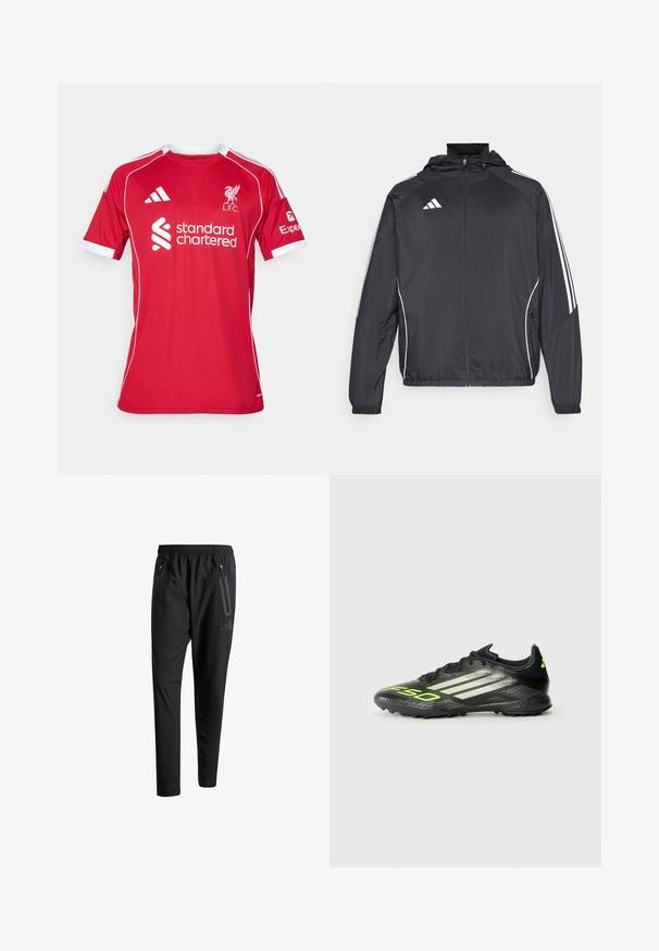 Svart sportsjakke med hette, med hvite striper langs ermene og glidelås foran. Laget av et glatt, lett stoff.; Rød fotballskjorte med kort erm laget av polyester, med hvite detaljer, rund hals og logoer for L.F.C. og Standard Chartered.; Svarte treningsbukser med elastisk liv, to glidelåslommer på sidene, avsmalnende ben og en subtil logo detalj ved hoften.; Svart fotballsko med teksturert overflate, utstyrt med lysegrønne detaljer og tre hvite striper. Designet for kunstgress med gummisåle.