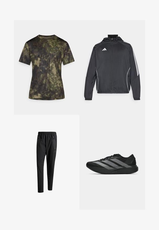 Musta urheilu takki hupulla, jossa on valkoiset raidat hihoissa ja vetoketjuzulu etupuolella. Valmistettu sileästä, kevyestä kankaasta.; adidas Performance SEA TEE - Tekninen t-paita - olive strata; Mustat urheiluhousut, joissa on joustava vyötärö, kaksi vetoketjullista sivutaskua, kapenevat lahkeet ja hillitty logokuvaus lonkalla.; Mustat urheilukengät, joissa on kevyt muotoilu, kolme näkyvää harmaata raitaa, sileä pinta ja muotoiltu pohja.