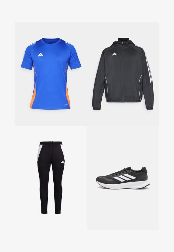 Jachetă sport neagră cu glugă, decorată cu dungi albe pe mâneci și cu fermoar în față. Fabricată dintr-un material neted și ușor.; adidas Performance TIRO24 JERSEY - Bluză sport - lucid blue/white/app solar red; Pantaloni sport negri cu panouri laterale albe, croi slim, talie elastică cu șnur și un mic logo alb în partea stângă jos a piciorului.; Pantof cu aspect sport de culoare neagră, cu un upper din plasă respirabilă, accente albe și o talpă amortizată. Include logo-ul cu trei dungi pe lateral.