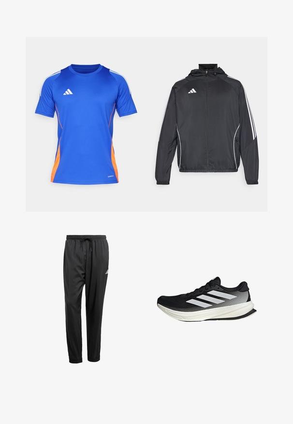 Black athletic jacket with a hood, featuring white stripes along the sleeves and a zippered front. Made from a smooth, lightweight fabric.; adidas Performance TIRO24 JERSEY - Sports T-shirt - lucid blue/white/app solar red; Black athletic pants with elastic waistband, drawstring, cuffed ankles, and a small white logo on the right thigh.; Black athletic shoe with a mesh design, featuring white stripes, a rounded toe, and a textured sole for grip and support.