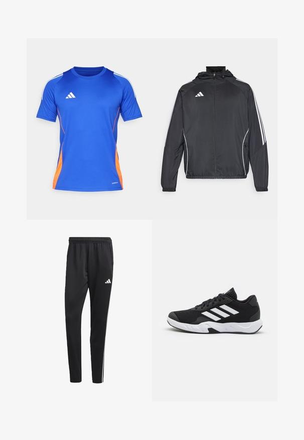 Giacca atletica nera con cappuccio, caratterizzata da strisce bianche lungo le maniche e chiusura con zip frontale. Realizzata in un tessuto liscio e leggero.; adidas Performance TIRO24 JERSEY - T-Shirt sport - lucid blue/white/app solar red; Pantaloni sportivi neri con una cintura elastica, strisce laterali bianche e un piccolo logo bianco sulla coscia. Realizzati in un materiale liscio e leggero.; Scarpe da ginnastica nere con una tomaia in mesh texturizzata, strisce bianche di accento, suola imbottita e tallone rinforzato per supporto.