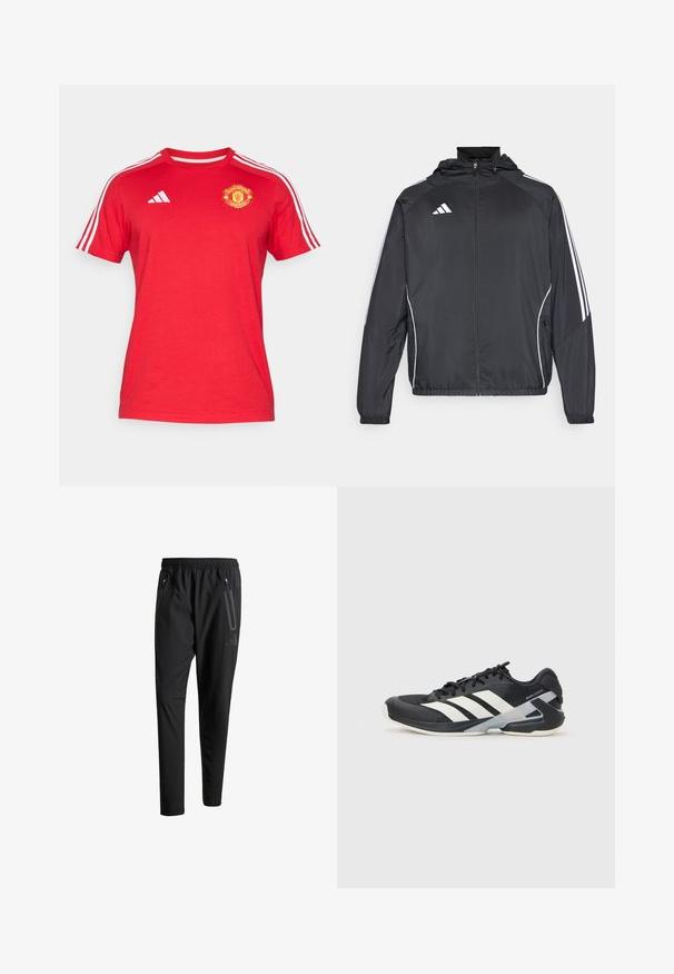 Čierna športová bunda s kapucňou, ktorá má biele pruhy pozdĺž rukávov a zips v prednej časti. Vyrobená z hladkej, ľahkej tkaniny.; Červené bavlnené tričko s krátkymi rukávmi, s bielymi prúžkami Adidas na ramenách a logom Manchester United na hrudi.; Čierne športové nohavice s elastickým pásom, dvoma bočnými zipsovými vreckami, zužujúcimi sa nohavicami a nenápadným detailom loga na bokoch.; Čierna športová obuv s bielymi pruhmi, sieťovinový zvršok, zaoblená špička a polstrovaná podrážka. Obsahuje štruktúrovaný opätok a bezpečný systém šnurovania.