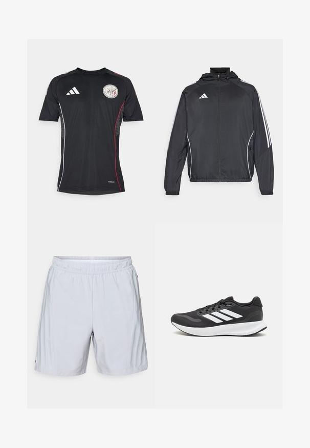 Juodas sportinis džemperis su kapišonu, turintis baltas juosteles palei rankoves ir užtrauktuką priekyje. Pagamintas iš lygaus, lengvo audinio.; Juodas sportinis marškinėliai trumpomis rankovėmis su apvaliu kaklu, baltais akcentais, raudonomis šoninėmis juostelėmis ir apvaliu emblem iškirpte ant krūtinės.; adidas Performance SHORT - Sportiniai šortai - halo silver; Juodas sportinis batelis su orui pralaidžia mėgintuvėliu, baltomis akcentais ir paminkštintu padu. Šone yra trijų juostų logotipas.