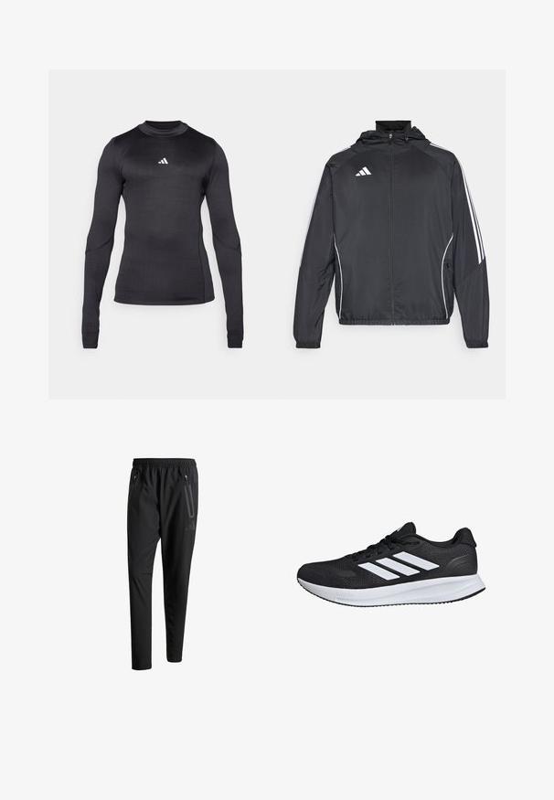 Schwarze Sportjacke mit Kapuze, ausgestattet mit weißen Streifen an den Ärmeln und einem Reißverschluss vorne. Hergestellt aus einem glatten, leichten Stoff.; Langarm-Sportshirt in Schwarz, mit slim Fit, Rundhalsausschnitt und einem weißen Adidas-Logo auf der Brust. Glattes, dehnbares Material.; Schwarze Sporthose mit elastischem Bund, zwei Reißverschlusstaschen an den Seiten, schmal zulaufenden Beinen und einem dezenten Logo-Detail an der Hüfte.; Schwarzer Sportschuh mit weißen Streifen, Obermaterial aus Mesh, gepolsterter Sohle und strukturierten Akzenten. Verfügt über ein Schnürdesign und ein Markenlogo auf der Zunge.