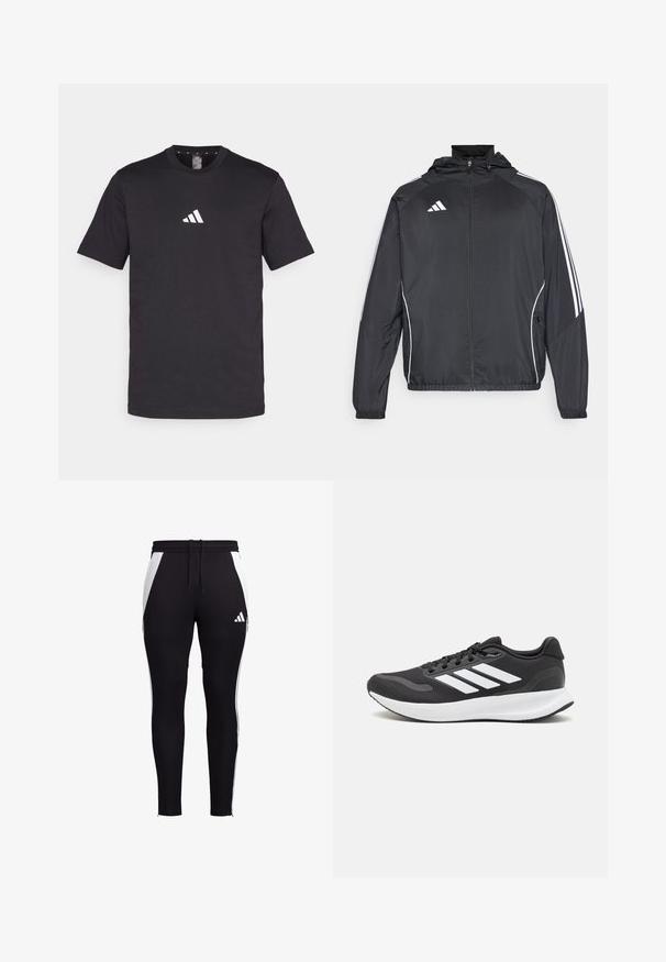 Fekete sportos dzseki kapucnival, fehér csíkokkal az ujjak mentén és cipzáras elülső résszel. Simább, könnyű anyagból készült.; Fekete pamut póló rövid ujjakkal, fehér Adidas logóval a mellkason. Klasszikus kerek nyakú kivitel.; Fekete sportnadrág fehér oldalpanellel, slim fit szabású, elasztikus derékrésszel és zsinórral, valamint egy kis fehér logóval a bal alsó lábszáron.; Fekete sportcipő légáteresztő hálós felsőrésszel, fehér kiegészítőkkel és párnázott talppal. Az oldalon három csíkkal ellátott logó található.