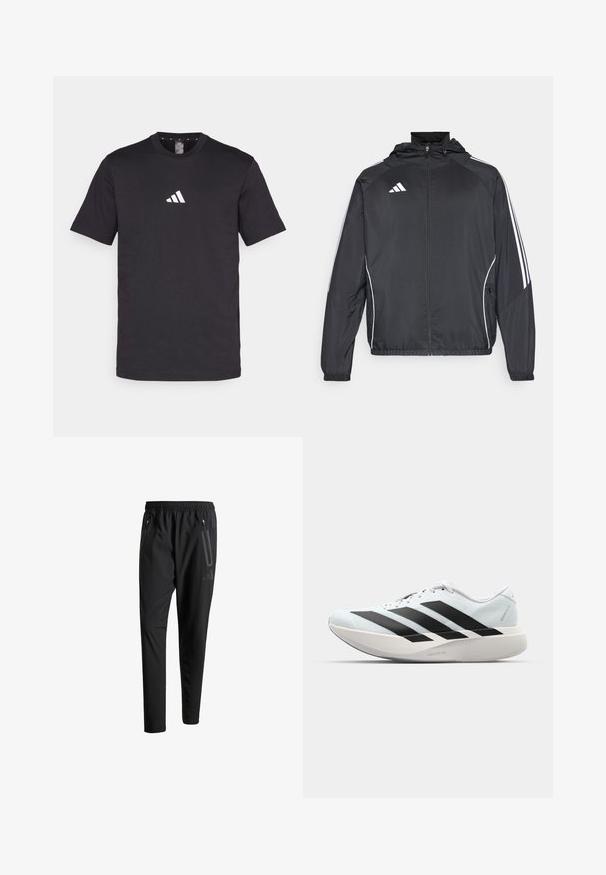 Svart sportsjakke med hette, med hvite striper langs ermene og glidelås foran. Laget av et glatt, lett stoff.; Svart bomull T-skjorte med kort erme, med en hvit Adidas-logo på brystet. Klassisk rund hals design.; Svarte treningsbukser med elastisk liv, to glidelåslommer på sidene, avsmalnende ben og en subtil logo detalj ved hoften.; Lette løpesko i lys blå med svarte striper. Har en myk overdel, rund tå og tykk hvit mellomsole merket "LIGHTSTRIKE PRO."