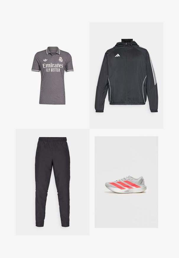Giacca atletica nera con cappuccio, caratterizzata da strisce bianche lungo le maniche e chiusura con zip frontale. Realizzata in un tessuto liscio e leggero.; Maglia da football grigia con un motivo testurizzato, dotata di colletto polo, rifiniture bianche e il logo "Emirates Fly Better". Logo Adidas sul petto.; Pantaloni sportivi neri con cintura elastica, gambe affusolate e dettagli laterali bianchi. Realizzati in materiale sintetico con una texture liscia.; Scarpa da corsa leggera grigia con accenti rossi e design a tre strisce. Presenta una tomaia liscia, punta arrotondata e suola texturizzata.