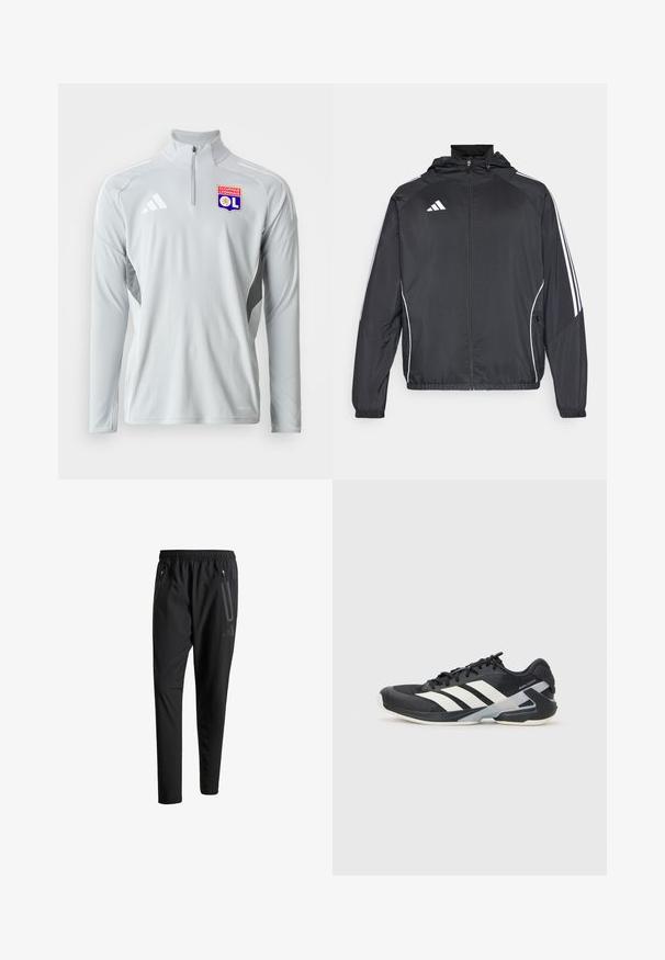 Črna športna jakna s kapuco, z belimi črtami ob rokavih in z zadrgo spredaj. Narejena iz gladkega, lahkega materiala.; Svetlo siva dolgoročna športna pulover s pol-zadrgo na ovratniku, s pravimi belimi stranskimi poudarki in vezenim logotipom Olympique Lyonnais.; Črne športne hlače z elastičnim pasom, dvema žepoma na zadrgo ob strani, zoženimi hlačnicami in diskretnim logotipom na boku.; Črne atletske čevlje z belimi črtami, mrežastim zgornjim delom, zaobljenim nosom in blaženim podplatom. Imajo teksturiran petni del in varen sistem vezalk.
