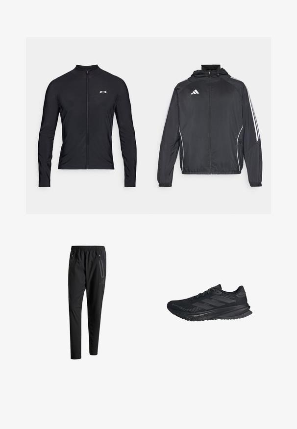 Crna atletska jakna s kapuljačom, s bijelim prugama duž rukava i zatvaranjem na zip. Izrađena od glatkog, laganog materijala.; Crna dugorukavna majica s patentnim zatvaračem izrađena od laganog materijala; ima okrugli ovratnik i mali logotip otisnut na gornjoj lijevoj strani.; Crne atletske hlače s elastičnim pojasom, dva bočna džepa sa zatvaračem, suženi nogavici i diskretnim logotipom na kuku.; Crne Adidas trkaće tenisice s Gore-Tex gornjim dijelom, tri pruge sa strane i "Dreamstrike" na potplatu, prikazane s vanjske strane.
