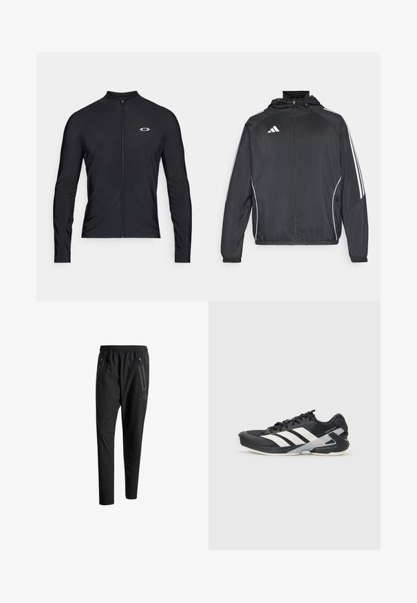 Jachetă sport neagră cu glugă, decorată cu dungi albe pe mâneci și cu fermoar în față. Fabricată dintr-un material neted și ușor.; Cămașă cu mânecă lungă, neagră, cu fermoar, fabricată dintr-un material ușor; are un guler rotund și un logo mic imprimat în partea stângă sus.; Pantaloni atletici negri cu talie elastică, două buzunare laterale cu fermoar, picioare conice și un detaliu logo discret pe șold.; Pantofii sport negri cu dungi albe, superior din plasă, vârf rotunjit și talpă îmbunătățită pentru amortizare. Au o călcătură texturată și un sistem de șireturi securizat.