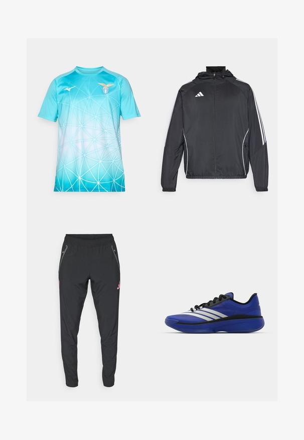 Zwarte sportjack met capuchon, voorzien van witte strepen langs de mouwen en een ritssluiting aan de voorkant. Gemaakt van een gladde, luchtige stof.; Lichtblauw sportshirt met wit geometrisch webpatroon, S.S. Lazio-logo op de rechterborst en Mizuno-logo op de linkerborst.; adidas Performance JUVENTUS TIRO25 COMPETITION VIS TECH TRAVEL PANT - Trainingsbroek - black/bliss pink; adidas Performance ADIZERO SELECT 3.0 - Basketbalschoenen - lucid blue/core black/metallic