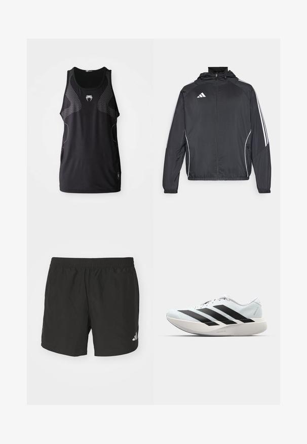 Melnā sporta jaka ar kapuci, ar baltām svītrām pa piedurknēm un ar rāvējslēdzēju priekšpusē. Izgatavota no gludas, vieglas auduma.; Melnas sporta topiņš ar apaļu kakla izgriezumu, sieta sānu paneļiem un atstarotāju logotipu centrā. Gluda, viegla auduma.; Melnas sporta bikses ar elastīgu jostu, sānu šķeltnēm un atstarojošiem logo akcentiem. Izgatavotas no viegla, gluda auduma.; Gaiši zili vieglie skriešanas apavi ar melniem svītrainiem. Iezīmēti ar gludu augšpusi, apaļu purngalu un biezāko balto vidējo zoli, kurā ir uzraksts "LIGHTSTRIKE PRO."