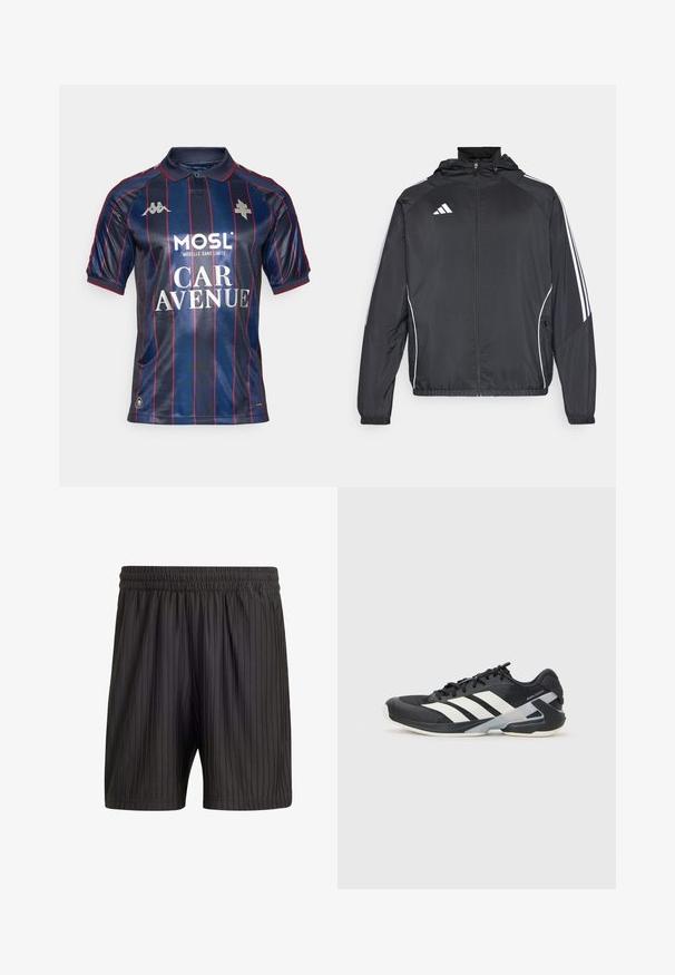 Melnā sporta jaka ar kapuci, ar baltām svītrām pa piedurknēm un ar rāvējslēdzēju priekšpusē. Izgatavota no gludas, vieglas auduma.; Tumši zilas krāsas polo krekls ar vertikālām sarkanām svītrām, īsām piedurknēm, apkakli un sudraba logotipiem. Uz tā ir drukāts sponsora teksts baltā krāsā.; Melni šorti ar elastīgu jostasvietu, ar vertikālām svītrām un vieglu, teksturētu audumu. Viduslīmeņa garums.; Melnas sporta kurpes ar baltām svītrām, acs augšdaļa, noapaļots pirksts un mīksts zole. Iespējams ar teksturētu papēdi un drošu šņoru sistēmu.