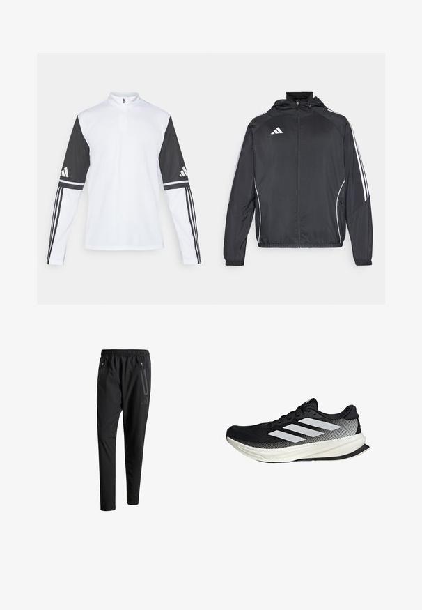 Crna atletska jakna s kapuljačom, s bijelim prugama duž rukava i zatvaranjem na zip. Izrađena od glatkog, laganog materijala.; Dugi rukav sportski top s bijelim tijelom i crnim rukavima, s vratom na četvrtinu, Adidas logom i kontrastnim prugama na rukavima.; Crne atletske hlače s elastičnim pojasom, dva bočna džepa sa zatvaračem, suženi nogavici i diskretnim logotipom na kuku.; Crna atletska cipela s mrežastim dizajnom, koja ima bijele pruge, zaobljeni vrh i teksturiranu potplate za prianjanje i potporu.