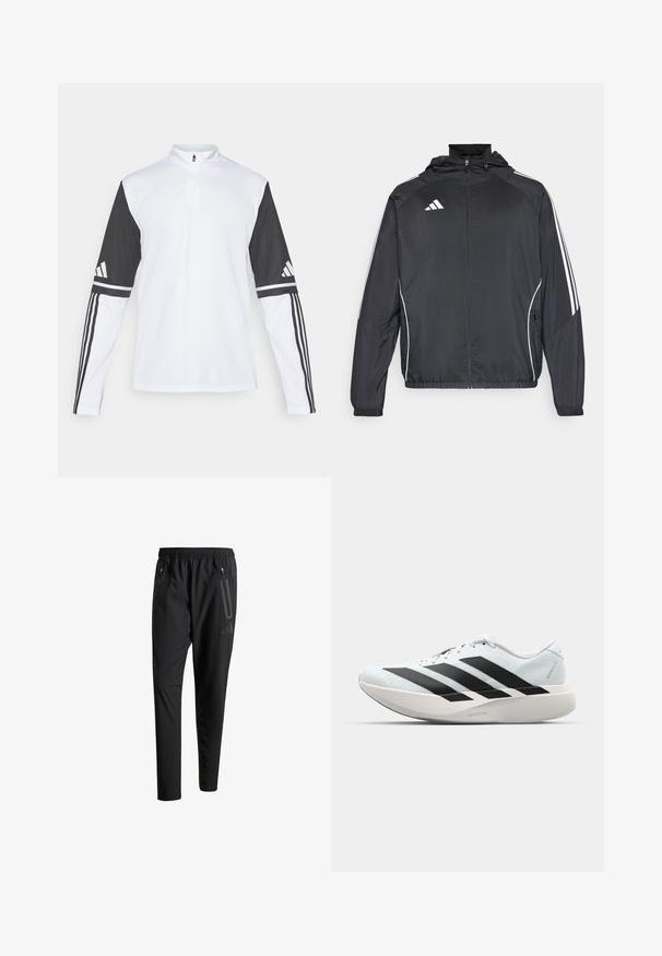 Črna športna jakna s kapuco, z belimi črtami ob rokavih in z zadrgo spredaj. Narejena iz gladkega, lahkega materiala.; Dolga majica za šport z belim telesom in črnimi rokavi, ima ovratnik na četrt zadrgo, Adidasov logo in kontrastne črte na rokavih.; Črne športne hlače z elastičnim pasom, dvema žepoma na zadrgo ob strani, zoženimi hlačnicami in diskretnim logotipom na boku.; Lahki tekaški čevlji v svetlo modri barvi z belimi črtami. Imajo gladek zgornji del, okroglo kapico in debel bel srednji podplat z označbo "LIGHTSTRIKE PRO."