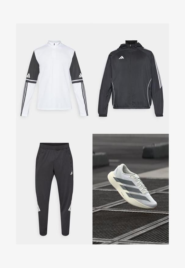 Musta urheilu takki hupulla, jossa on valkoiset raidat hihoissa ja vetoketjuzulu etupuolella. Valmistettu sileästä, kevyestä kankaasta.; Pitkähihainen urheilu paita, jossa on valkoinen runko ja mustat hihat, neljännes-vetoketju kauluksessa, Adidas-logo ja kontrastiväriset raidat hihoissa.; Mustat urheiluhousut kapeilla lahkeilla, joustavalla vyötärönauhalla, sivutaskuilla sekä valkoisella logolla ja raidallisilla yksityiskohdilla. Valmistettu sileästä, kevyestä materiaalista.; Valkoinen urheilukenkä, jossa on teksturoitu verkkokangas päällinen, harmaat raidat ja pehmustettu pohja. Kevyt muotoilu, joka sopii juoksuun.