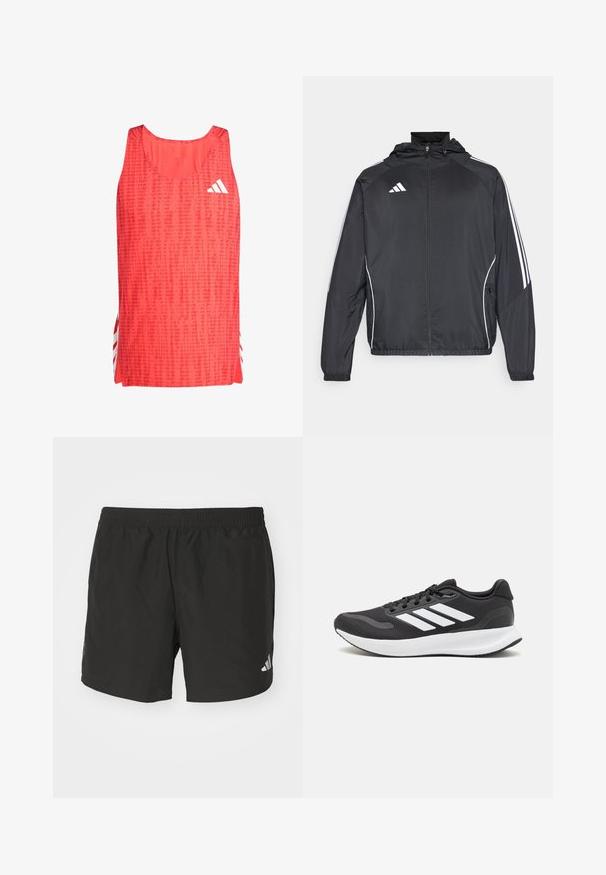 Crna atletska jakna s kapuljačom, s bijelim prugama duž rukava i zatvaranjem na zip. Izrađena od glatkog, laganog materijala.; Crvena sportska majica bez rukava s teksturiranim uzorkom, izrezom u obliku srca i bijelim Adidas logotipom. Bočni prorezi otkrivaju bijele pruge za dodatne detalje.; Crne atletske kratke hlače s elastičnim pojasom, bočnim prorezima i reflektirajućim logotipovima. Izrađene od lagane, glatke tkanine.; Crne atletske tenisice s prozračnom mrežicom na gornjem dijelu, bijelim akcentima i mekanim potplatom. Imaju logo s tri pruge sa strane.